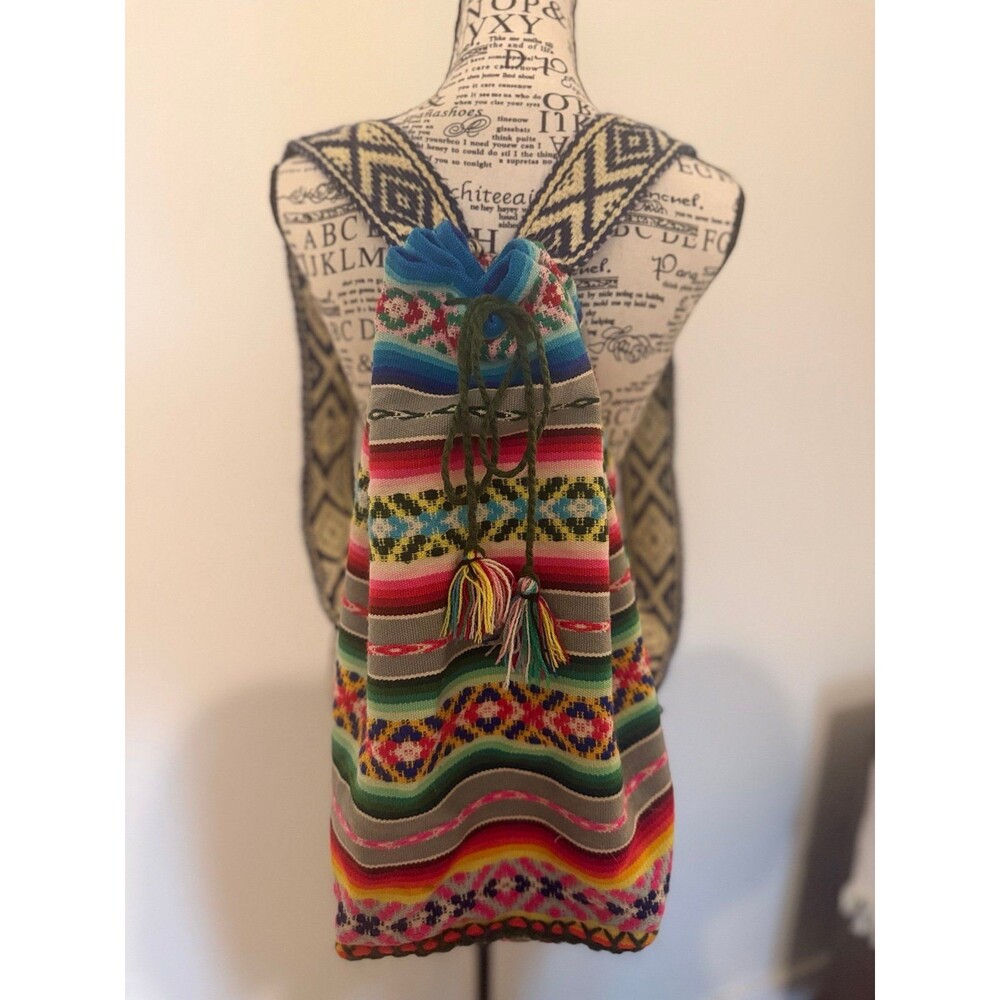 Boho Woven Colorful Knit Drawstring Backpack Latin America Tribal